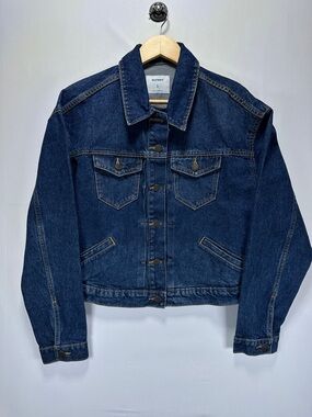 Old Navy Cropped Denim Jacket Dark Wash Fitted Jean Jacket Cotton Size L